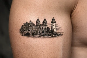Cityscape silhouette of Amsterdam canal houses and Braga cathedral, with New Brighton lighthouse. tattoo idea