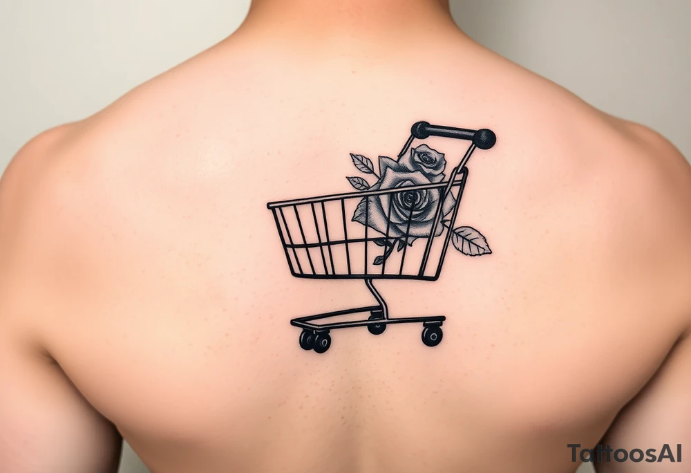 A small shopping cart with a princess rose somewhere on it tattoo idea