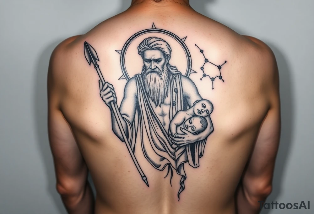 a tattoo design of the Greek God Saturn but older and nearly dying holding a spear with the astrology Saturn symbol as the spear head, in his other arms cradling a twin dying younger version of himself. The gemini constellation is in the background behind the Saturn Gods tattoo idea