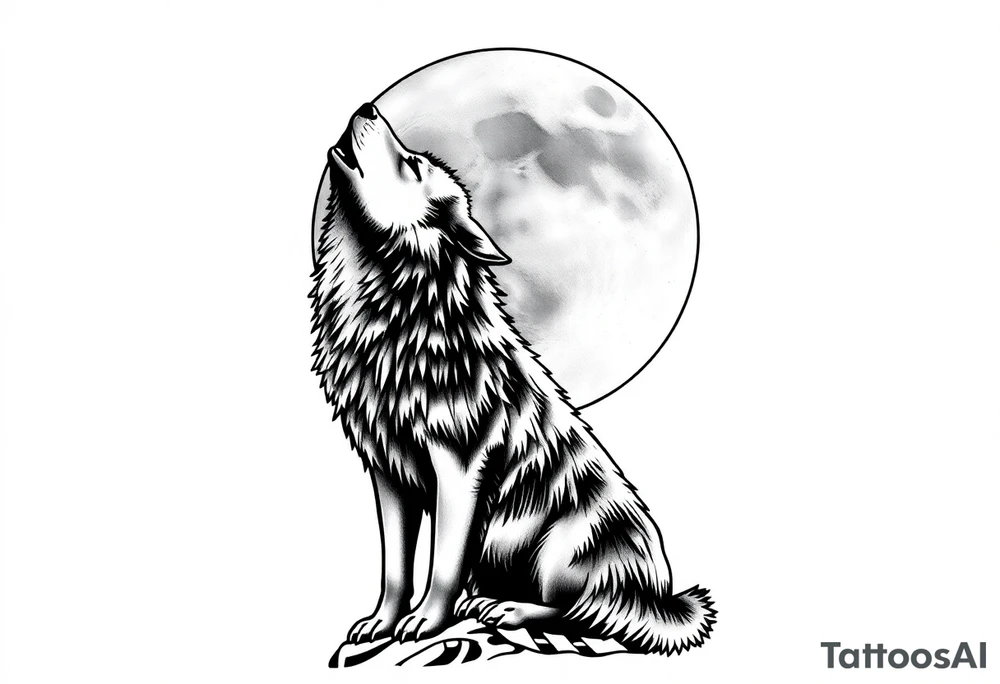 lone wolf howling at full moon with northern lights backdrop tattoo idea