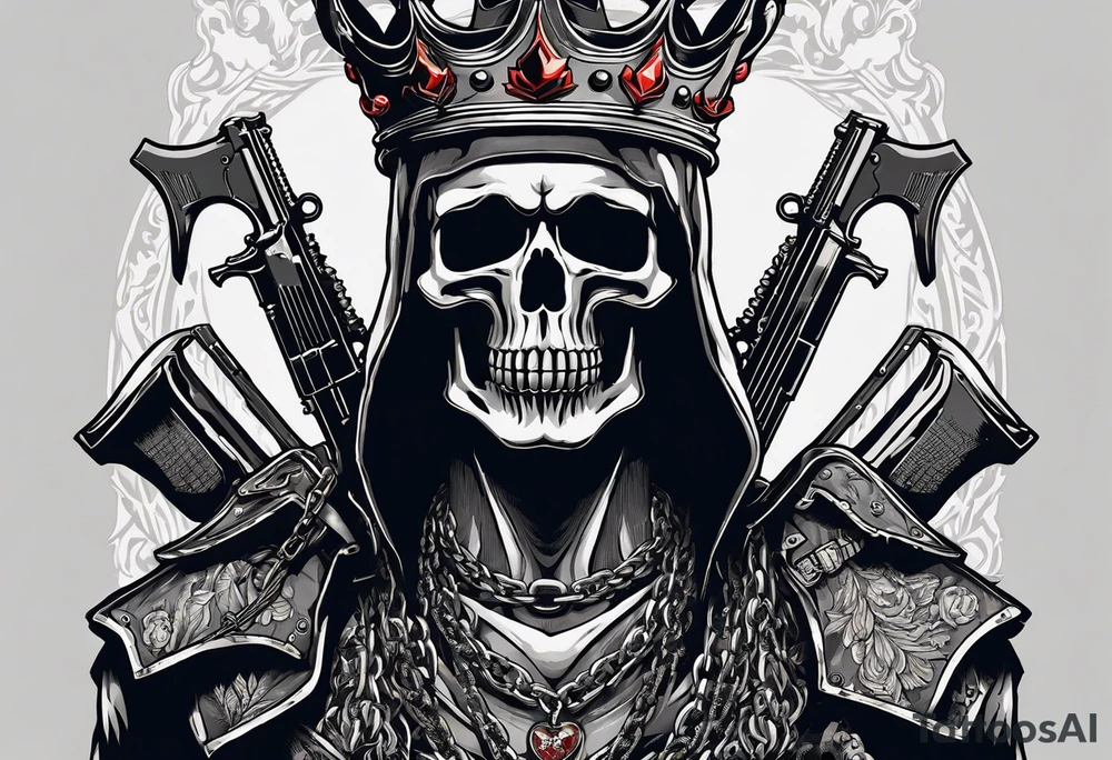 image of a skeleton standing frontally with a crown on his head, holding an AK-47 on his shoulder with his right hand. The chain on the left should be taut, there are three angry barking Dobermans in it, near the waist tattoo idea