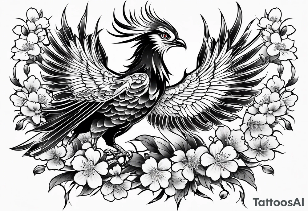 traditional Japanese phoenix and cherry blossoms high detail tattoo idea