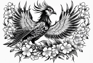 traditional Japanese phoenix and cherry blossoms high detail tattoo idea