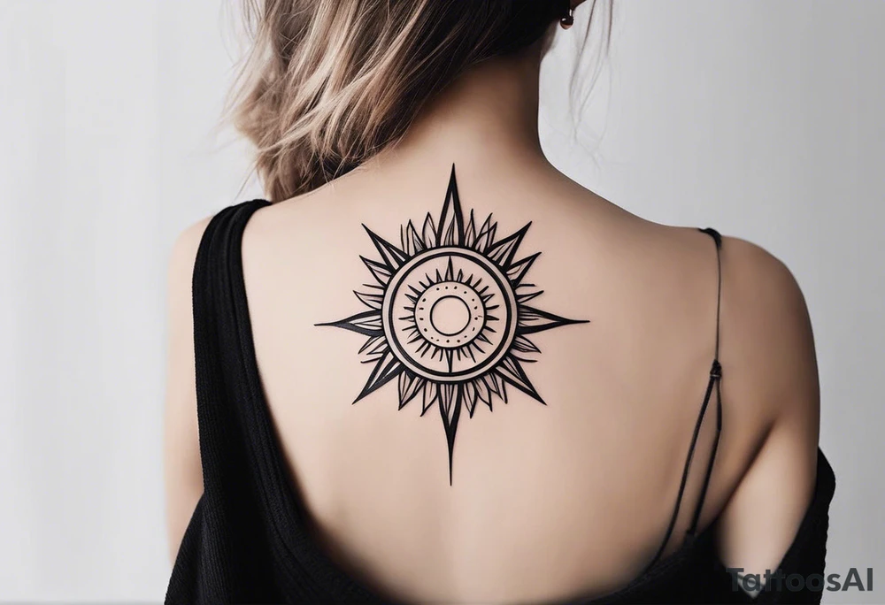 a mixture of minimalist/fine line/tribal tattoo design that is mainly minimalist with fine lines. unique Design of the sun that resembles a connection to the sun. It further resembles the sun's energy. Make it simple to draw and focus on the rays of sunshine
unique shape
simple design tattoo idea