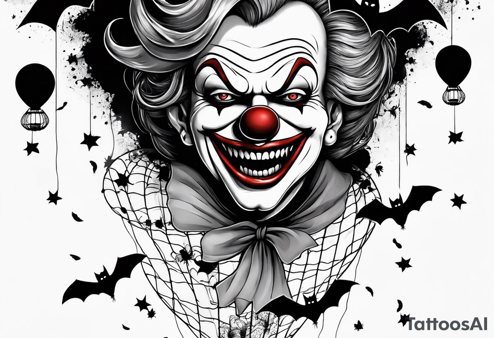 penny wise  the clown 
face on a floating balloon with spiders crawling on the balloon and bats flying around "We All Float" in background tattoo idea