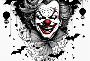 penny wise  the clown 
face on a floating balloon with spiders crawling on the balloon and bats flying around "We All Float" in background tattoo idea