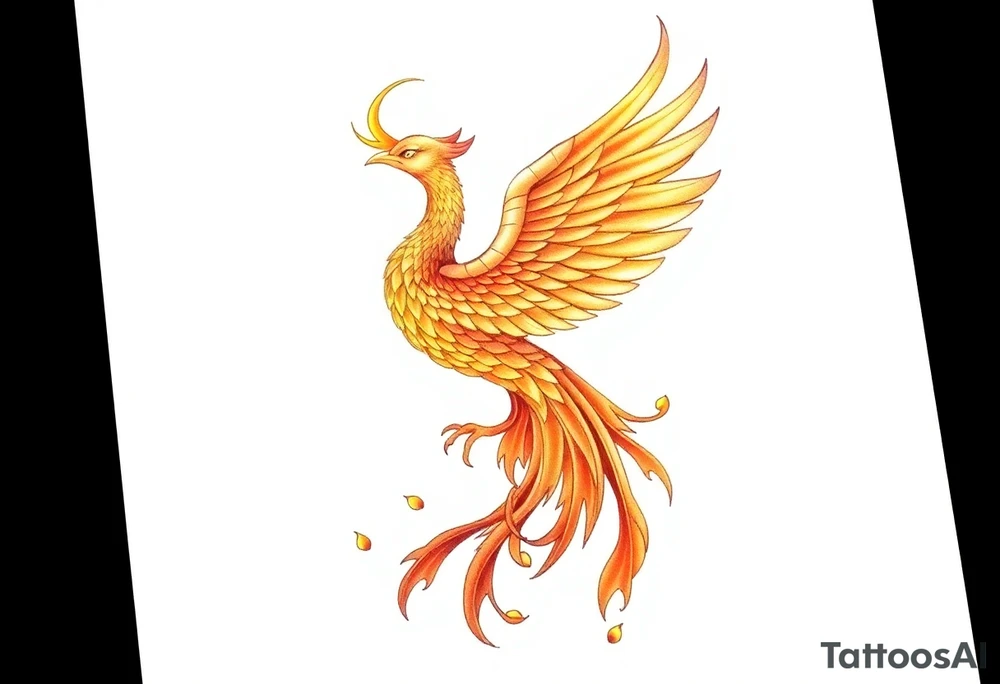 magnificent phoenix rising from golden flames with trailing embers tattoo idea