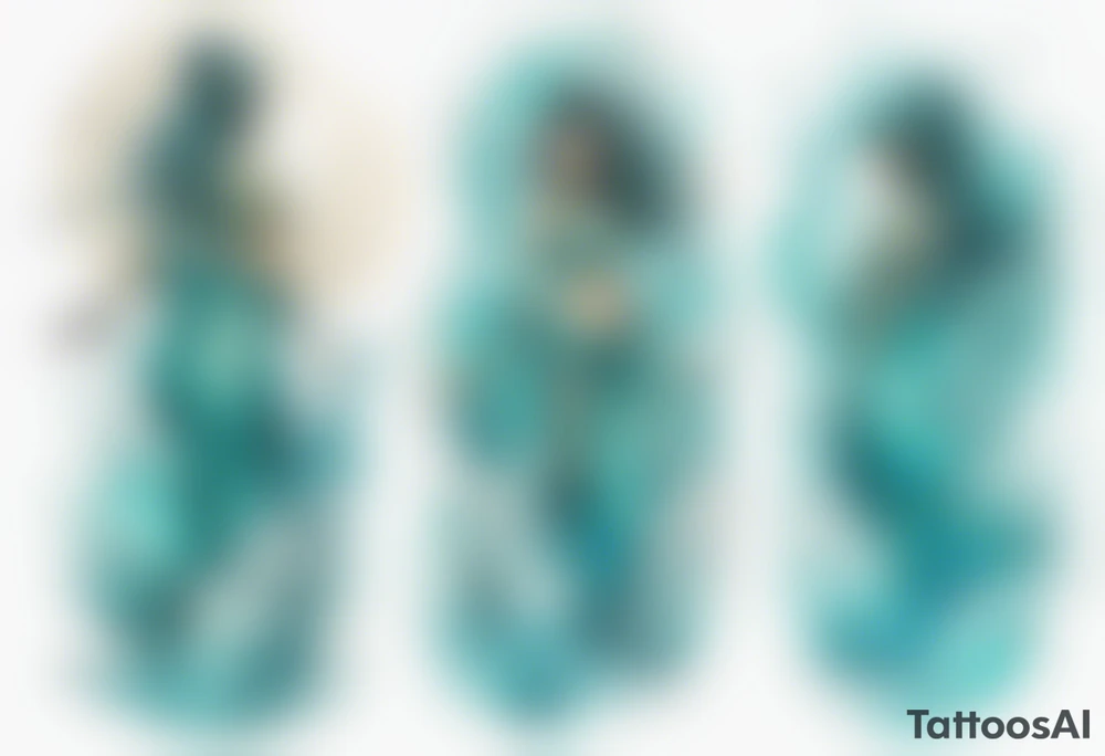 a turquoise Na'vi woman standing in the sea surrounded by crashing waves tattoo idea