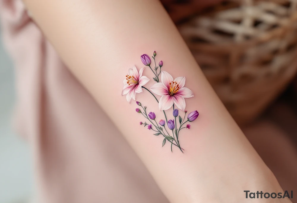 stargazer lillies in light pink with small sunflowers and poppies and purple tulip buds in a dainty wildflower bouquet with stems tattoo idea