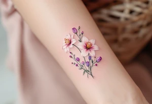 stargazer lillies in light pink with small sunflowers and poppies and purple tulip buds in a dainty wildflower bouquet with stems tattoo idea