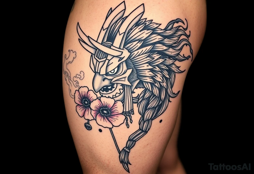 Ronin to cover the entire thigh with smoke coming out of its mouth with 11b tattooed under its left eye with 1 poppy on each side of the ronin tattoo idea