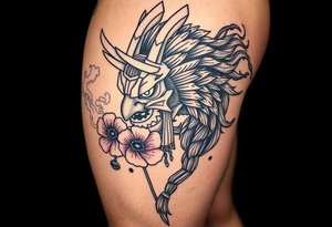 Ronin to cover the entire thigh with smoke coming out of its mouth with 11b tattooed under its left eye with 1 poppy on each side of the ronin tattoo idea
