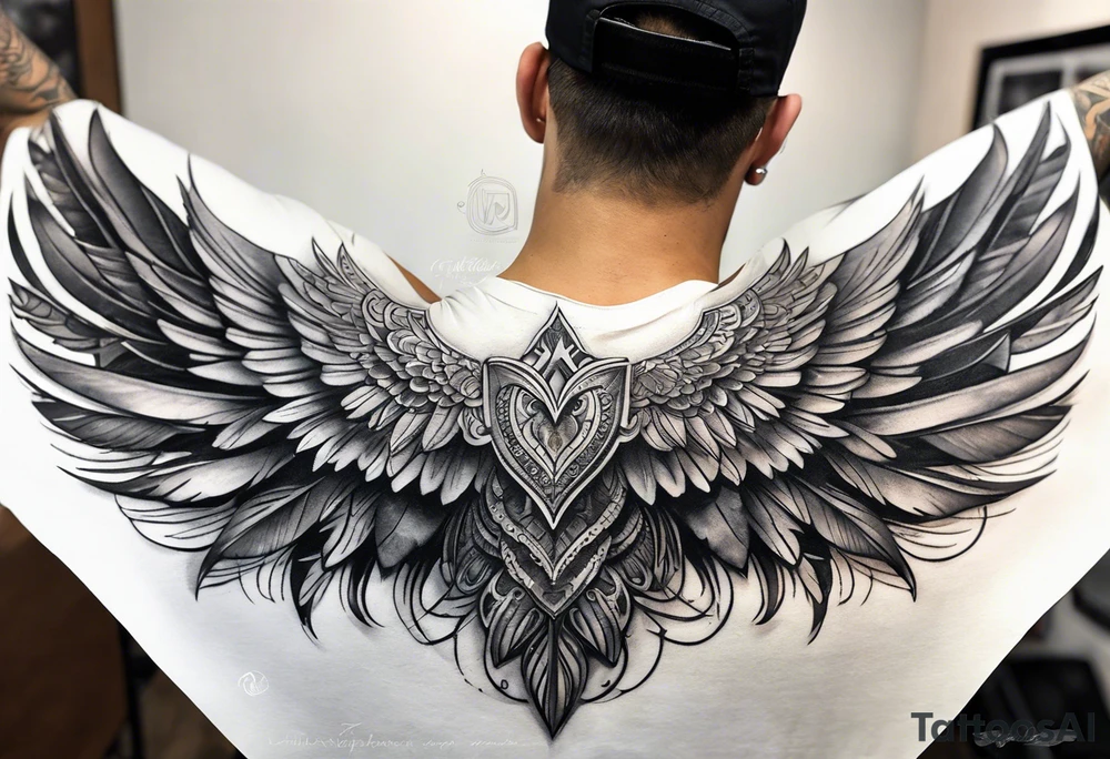 wings tattoo extending from a mens shoulders, covering the upper arms and upper back. The feathers are intricately detailed, with soft shading in black and gray to create depth and texture. tattoo idea