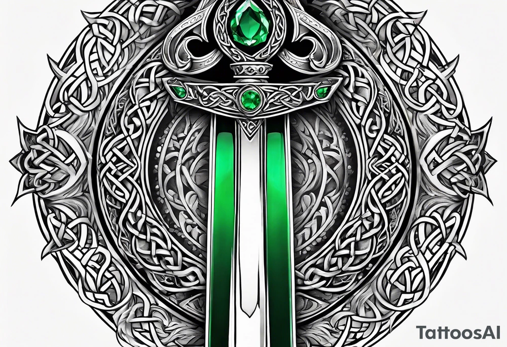 A Celtic dagger with an oak hilt turned upright and emerald gemstones on it tattoo idea