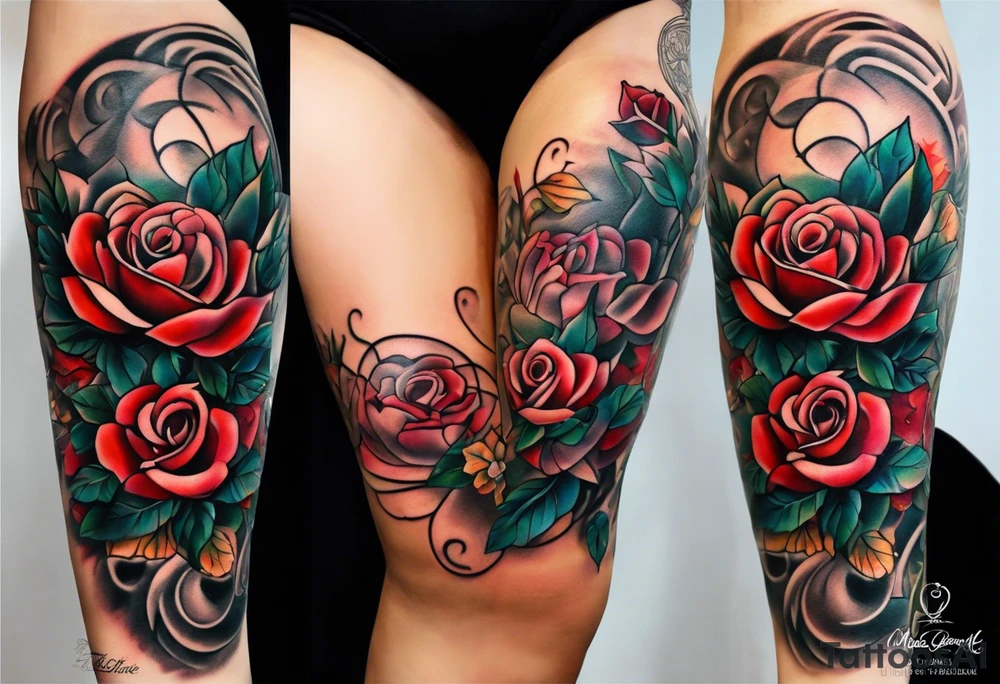 front knee tattoo based on Mike Rubendall with roses, guitar, water, flowers, background wash tattoo idea