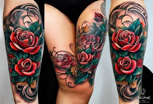 front knee tattoo based on Mike Rubendall with roses, guitar, water, flowers, background wash tattoo idea