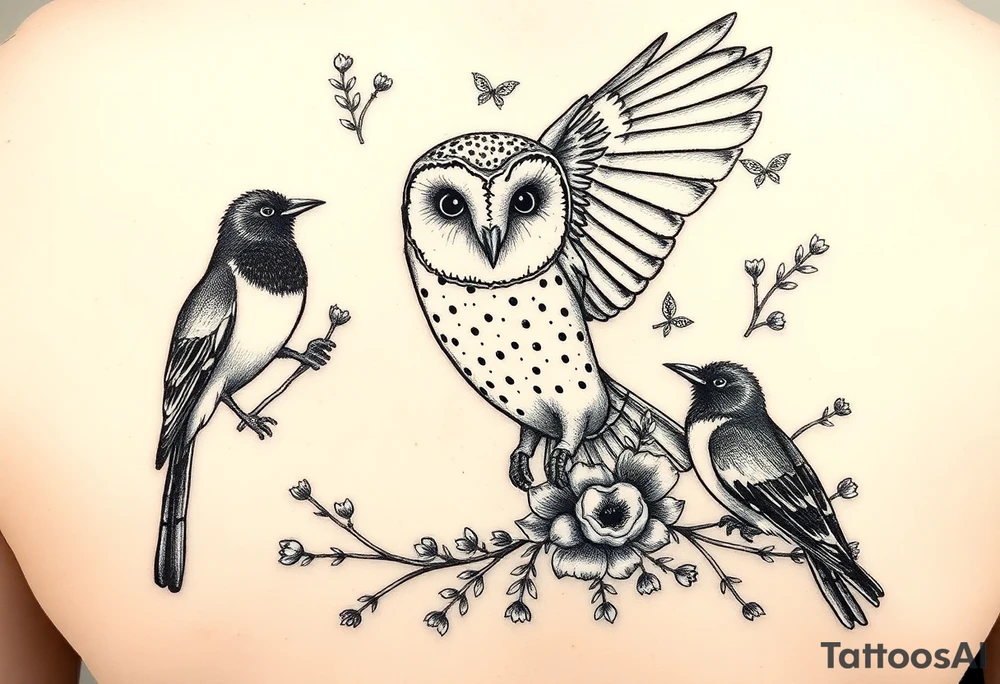 A british barn owl and 2 magpies, entwined by rowan tree berries and florals. In fineline and dotwork. The owl should be in flight. thigh tattoo tattoo idea