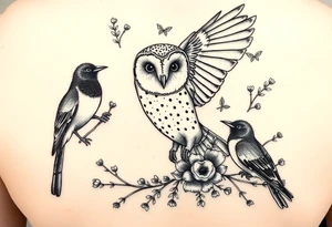 A british barn owl and 2 magpies, entwined by rowan tree berries and florals. In fineline and dotwork. The owl should be in flight. thigh tattoo tattoo idea