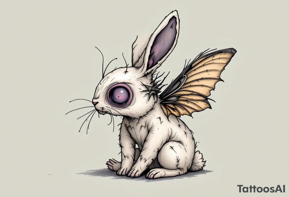 Tim Burton’s Moth-Eaten Rabbit – A ragged plush rabbit with one ear missing and moth wings sprouting from its back, stitched in faded cream, gray, and dull plum thread. tattoo idea