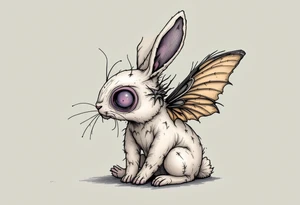 Tim Burton’s Moth-Eaten Rabbit – A ragged plush rabbit with one ear missing and moth wings sprouting from its back, stitched in faded cream, gray, and dull plum thread. tattoo idea