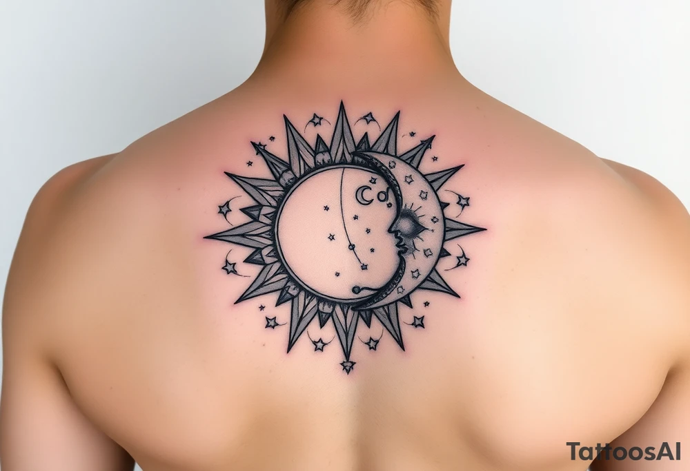 celestial sun and moon embrace with constellation patterns tattoo idea
