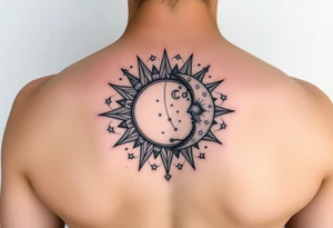 celestial sun and moon embrace with constellation patterns tattoo idea