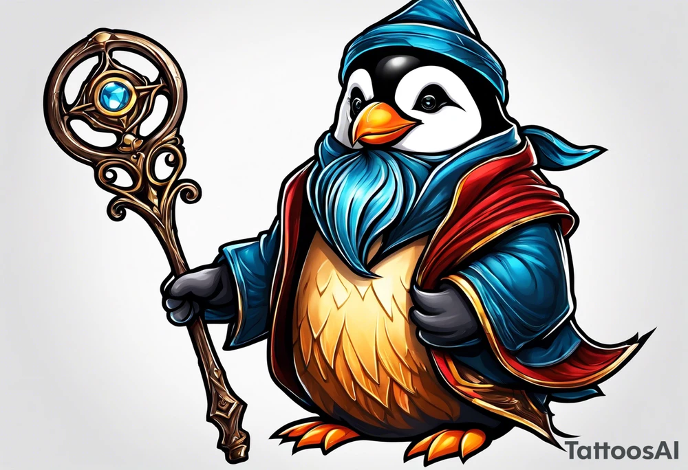 Wizard penguin holding a staff tattoo idea