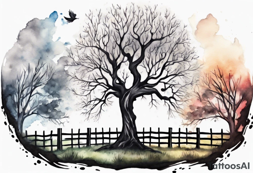 A black tree and a white tree intertwining in a field with a fence and headstones tattoo idea