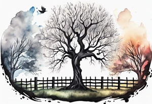 A black tree and a white tree intertwining in a field with a fence and headstones tattoo idea