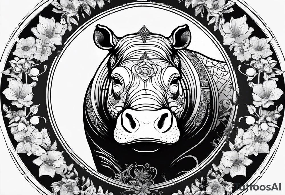 Very asymmetrical, +geometric pattern, with realistic full moon, with hippo head looking back ,
with wintersweet flower bud, +portrait orientation, +inkart touch, tattoo idea