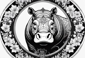 Very asymmetrical, +geometric pattern, with realistic full moon, with hippo head looking back ,
with wintersweet flower bud, +portrait orientation, +inkart touch, tattoo idea