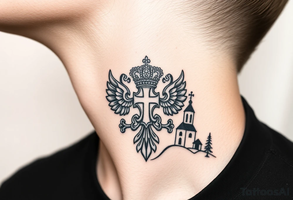 russian coat arms in a russian christian orthodox cross with the cross in the middle with a virgin mary & orthodox dome church on the side of the neck in a wilderness setting tattoo idea
