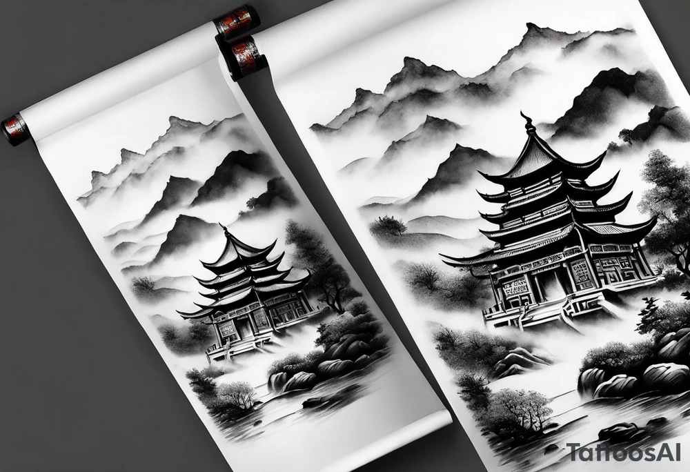 forearm sleeve traditional chinese art painting style autumn mountains mist fog water Chinese temple two figures wearing robes tattoo idea
