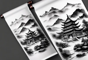 forearm sleeve traditional chinese art painting style autumn mountains mist fog water Chinese temple two figures wearing robes tattoo idea