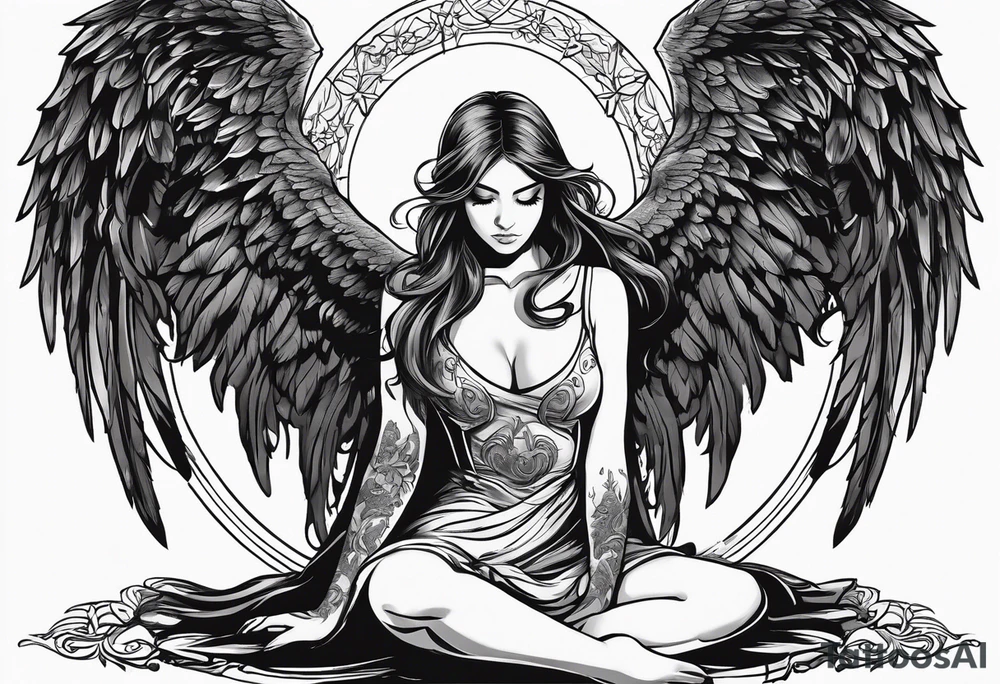 angel girl kneeling with face looking down wings wide open symbol of satan vector under her tattoo idea