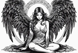 angel girl kneeling with face looking down wings wide open symbol of satan vector under her tattoo idea
