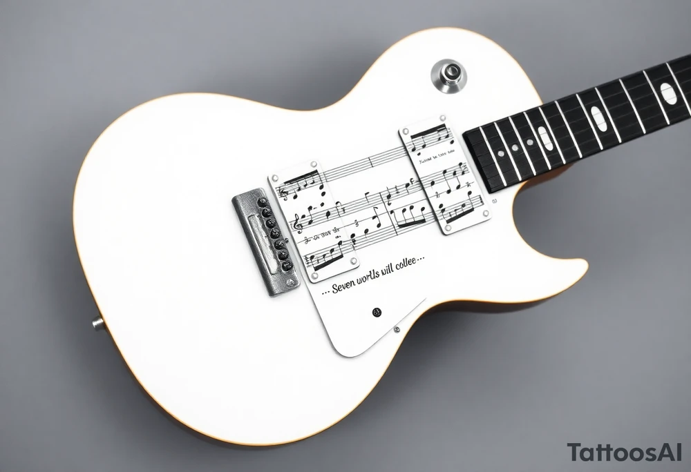 Gibson Les Paul full guitar body with the vocal sheet music for the song Distant sun by crowded house printed on the fret board of the guitar with the vocal music and the words to the line  of the song"Seven worlds will collide" tattoo idea