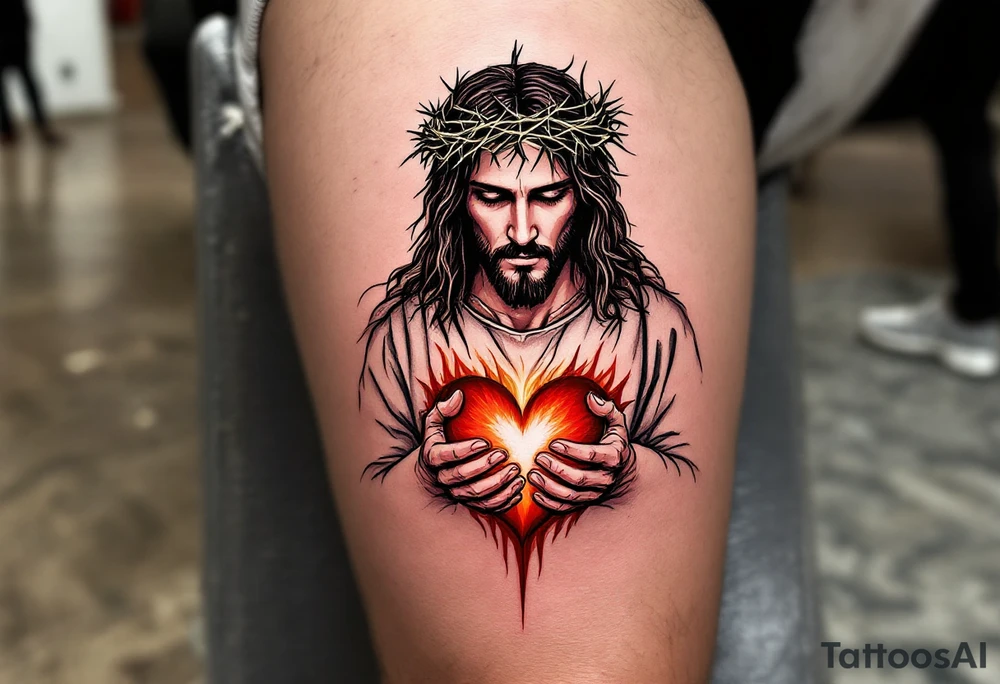 Jesus with Heart of Love – A depiction of Jesus with Crown of Thorns  a radiant red heart His chest, surrounded by flames symbolizing His unconditional love and sacrifice. tattoo idea