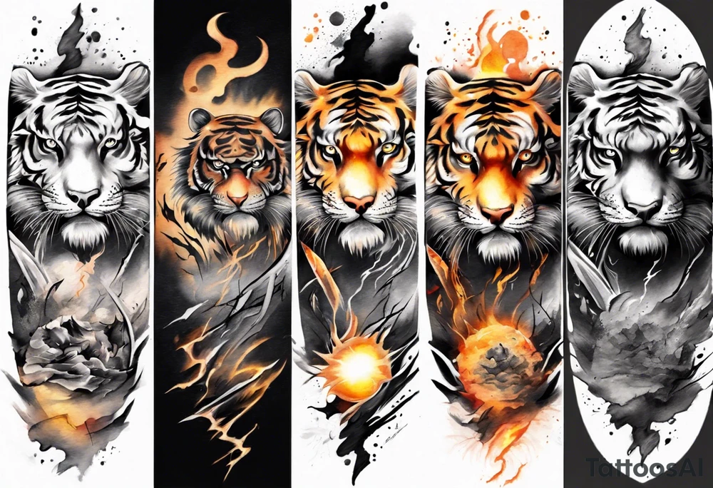 Tiger Warrior sleeve tattoo with lightning and the sun
Forearm sleeve tattoo idea