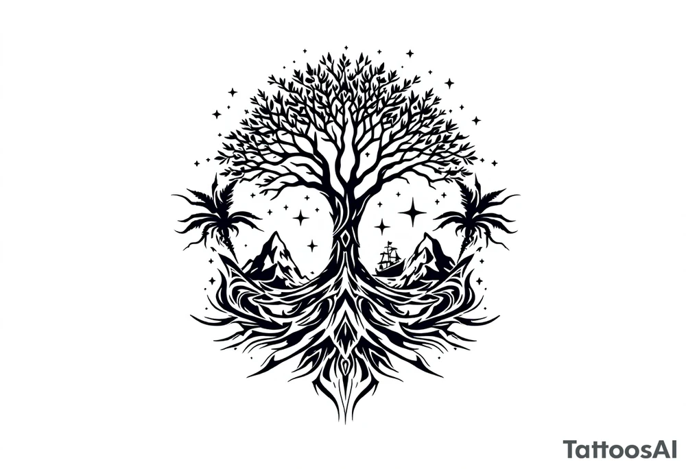 tattoo that has an acacia tree with mountains, ocean with a ship wreck with sharks and the bright northern star tattoo idea