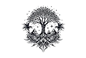 tattoo that has an acacia tree with mountains, ocean with a ship wreck with sharks and the bright northern star tattoo idea