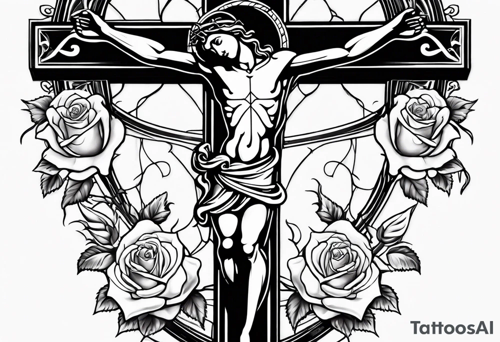 crucifix with vines and roses growing around it and sun beams coming from it tattoo idea