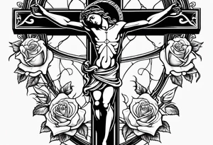 crucifix with vines and roses growing around it and sun beams coming from it tattoo idea