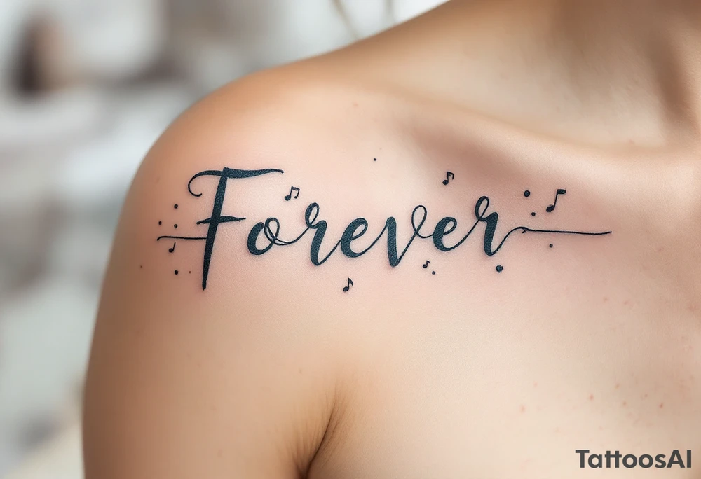 "Forever" styled like a music waveform, in grayscale with faint notes surrounding it. tattoo idea
