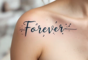 "Forever" styled like a music waveform, in grayscale with faint notes surrounding it. tattoo idea