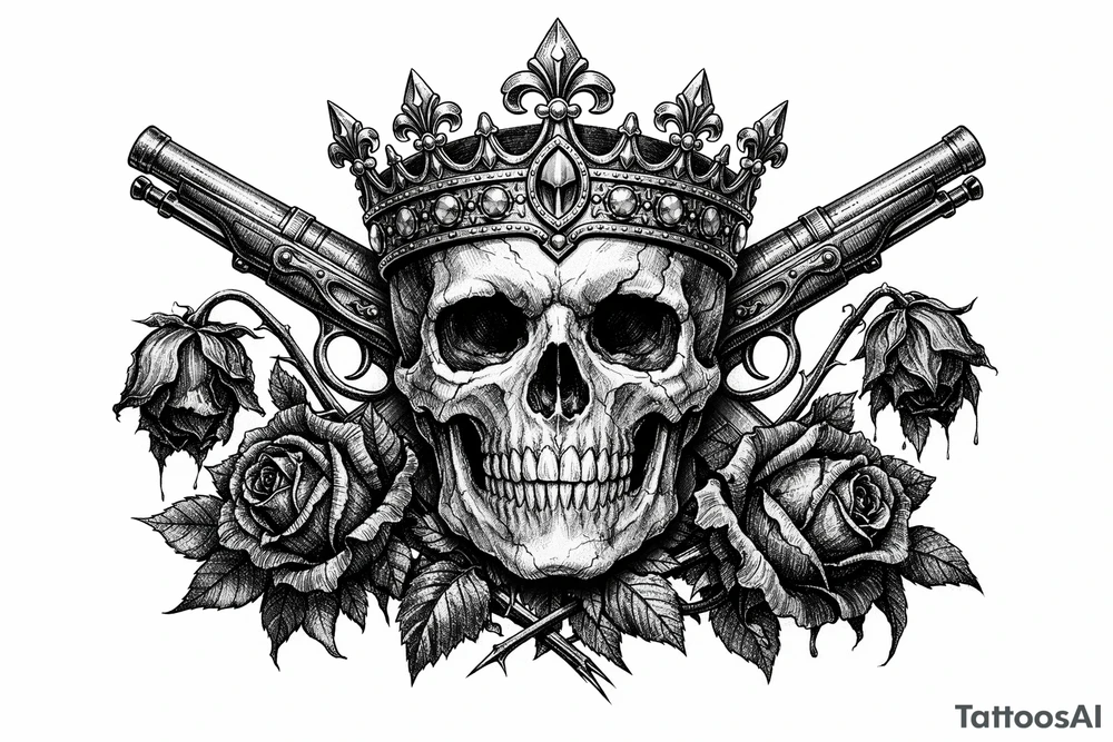 Skull with a jeweled crown, antique flintlock pistols, wilting dark red roses, gothic style. tattoo idea
