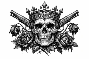 Skull with a jeweled crown, antique flintlock pistols, wilting dark red roses, gothic style. tattoo idea