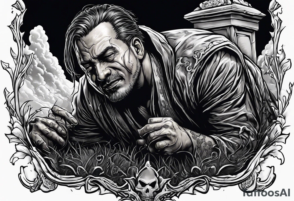 Man crawling out of grave. 
MIW Reincarnate written on gravestone tattoo idea