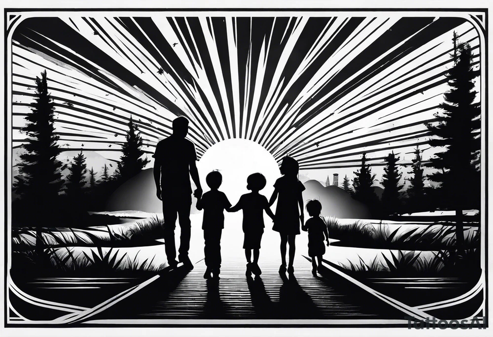 sleeve tattoo sun rays with road and dad, daughter and son silhouette tattoo idea