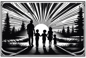 sleeve tattoo sun rays with road and dad, daughter and son silhouette tattoo idea